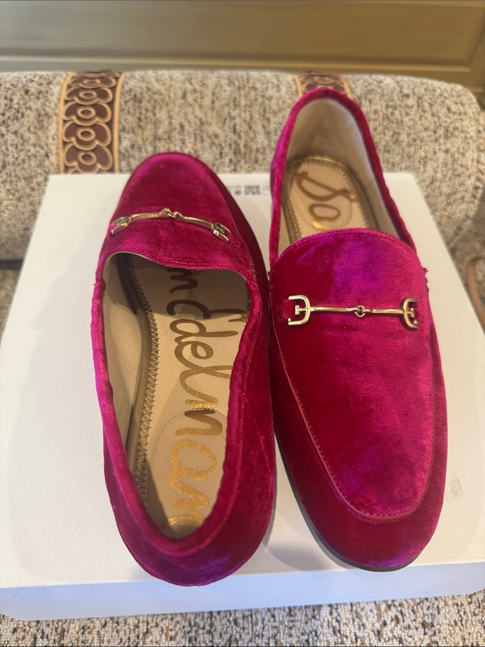 Sam Edelman Velvet Loafers in Bright Fuchsia with Gold Hardware - Picture 3 of 5